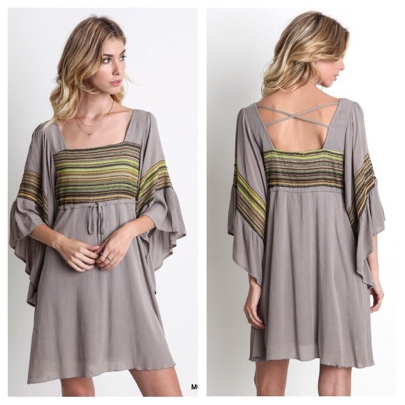 Dresses & Skirts - 🔥3/1 Host Pick🔥Mocha Bell Sleeve Dress w/Stripes
